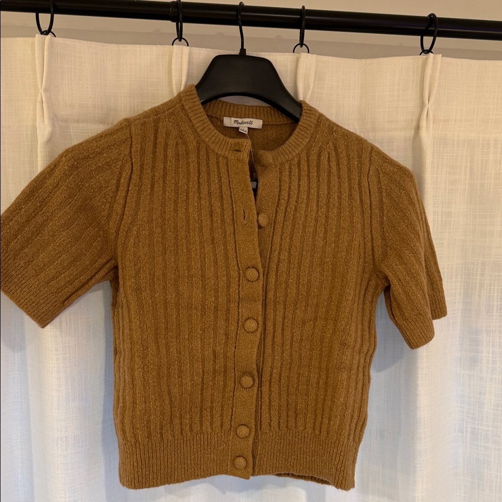 Madewell short puff-sleeve camel cardigan